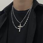 Double-layered Cross Pendant Necklace Silver - One Size