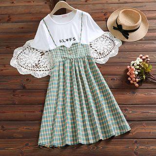 Short-sleeve Mock Two-piece Lettering Midi Dress