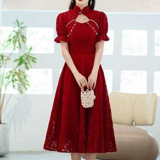 Puff-sleeve Faux Pearl Cutout A-line Lace Cocktail Dress
