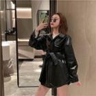 Tie-waist Faux Leather Buttoned Jacket / Long-sleeve Lace Top