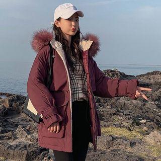 Furry Trim Adhesive Strap Hooded Padded Coat
