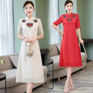 Short-sleeve Midi Embroidered Lace Qipao