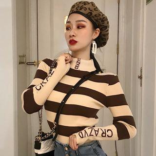 Striped Lettering Mock-neck Knit Top