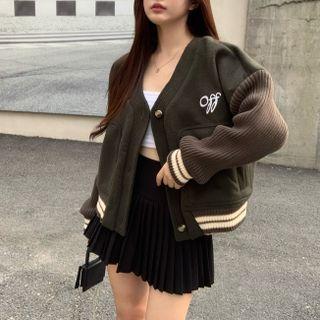 Letter Embroidered Button-up Cardigan / High Waist Pleated Mini Skirt