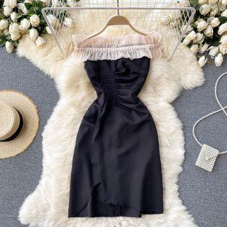 Off-shoulder Ruched Color Panel Asymmetrical Dress