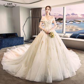 Off-shoulder Beaded Applique Wedding Ball Gown