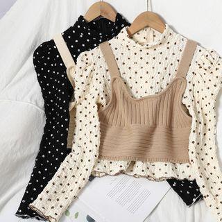 Set: Dotted Fringed Blouse + Knit Camisole Top