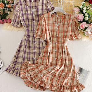 V Neckline Plaid Short-sleeve Dress