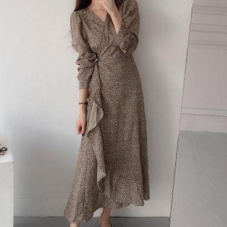 Long-sleeve Floral Print Asymmetrical Chiffon Sheath Dress