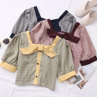 Ribbon-accent Checker Crop Blouse