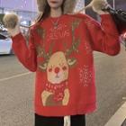 Christmas Deer Print Sweater Red - One Size