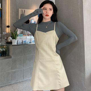 Long-sleeve Mock-neck Top / A-line Mini Pinafore Dress