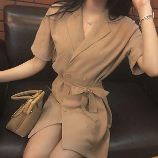 Notched Lapel Double-breasted Short-sleeve A-line Dress