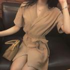 Notched Lapel Double-breasted Short-sleeve A-line Dress