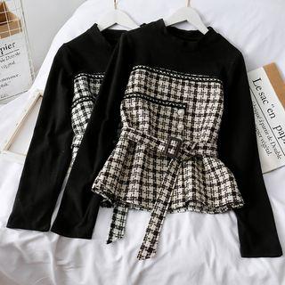 Patchwork Checker Blouse With Belt