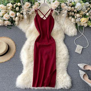 Double Strap Cross-back Midi Knit Dress