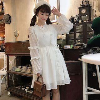 Bow Ruffle Lace Dot Long-sleeve Dress