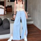 Plain High-waist Loose-fit Washed Wide-leg Shorts