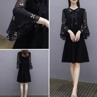 Printed Mesh Panel 3/4 Sleeve Dress