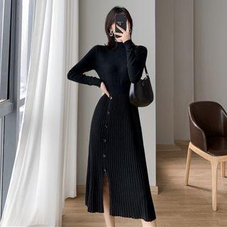 Mock Neck Slit-hem Knit Dress