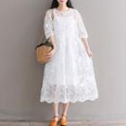 Set: Elbow-sleeve Embroidered Mesh A-line Midi Dress + Slipdress