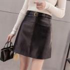 Faux-leather Belted A-line Skirt