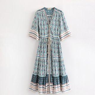 3/4-sleeve  Printed Maxi A-line Dress