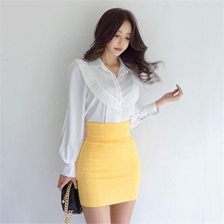 Pleated-trim Faux-pearl Button Shirt