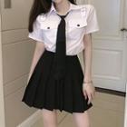 Short-sleeve Shirt / Neck Tie / Pleated A-line Skirt / Set