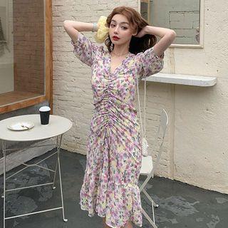 Floral Print Ruched Elbow-sleeve Midi A-line Dress