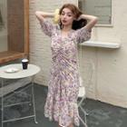 Floral Print Ruched Elbow-sleeve Midi A-line Dress