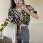 Puff-sleeve Gingham Cropped Blouse Black & White - One Size