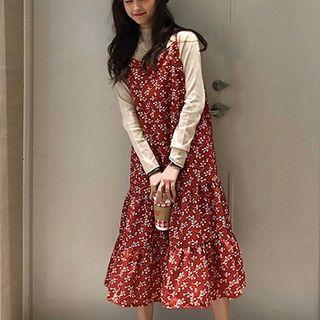 Mock Turtleneck Knit Top / Spaghetti Strap Midi Floral Dress