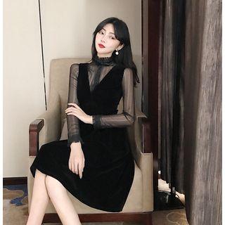 Sheer Blouse / A-line Velvet Jumper Dress