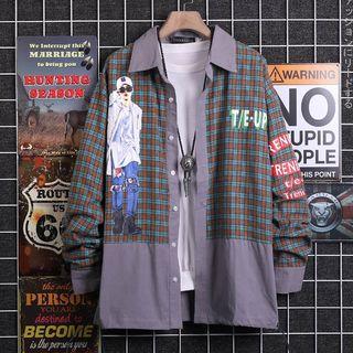 Long-sleeve Plaid Paneled Printed Shirt