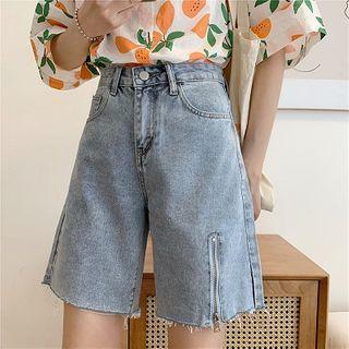 High-waist Zip Denim Straight-cut Shorts