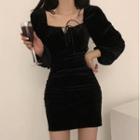 Long-sleeve Tie-front Velvet Mini Bodycon Dress Black - One Size