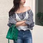 Set: Off-shoulder Plaid 3/4-sleeve Top + Lace Camisole Top