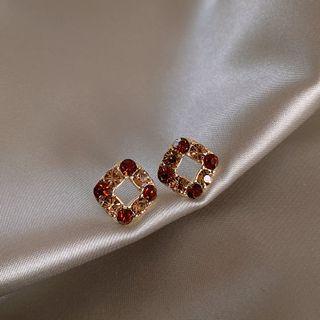 Square Rhinestone Stud Earring 1 Pair - Gold & Maroon - One Size