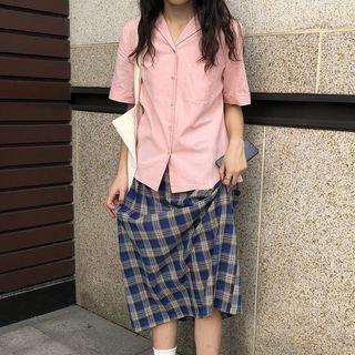 Short-sleeve Shirt / Midi Plaid A-line Skirt