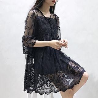 Set: Bell-sleeve Lace Dress + Strap Dress