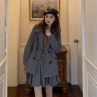 Double Breasted Plaid Blazer / Mini A-line Skirt