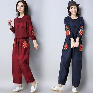 Set: Flower Embroidered Long Sleeve Top + Straight Cut Pants