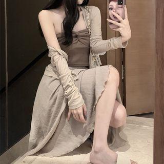 Asymmetrical Cropped Bandeau / Long-sleeve Plain Cardigan / High-waist A-line Midi Skirt