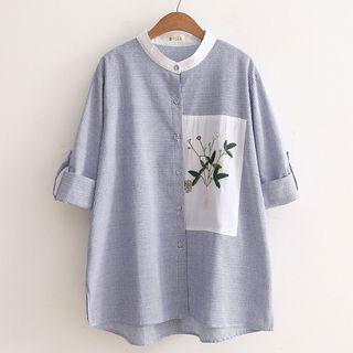 Leaf Embroidered Pinstriped Band Collar Shirt