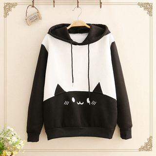 Color-block Cat Print Hoodie