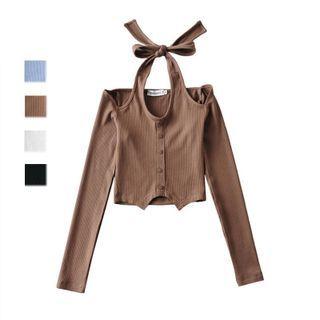 Long-sleeve Off-shoulder Halter-neck Crop Top