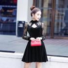 Gathered-waist Long-sleeved Panel Lace Sheath Dress