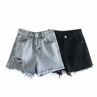 Distressed Chain Strap Denim Shorts