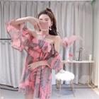 Printed Off-shoulder Bell-sleeve Mini A-line Dress